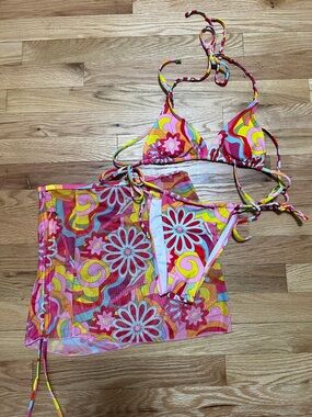 SHEIN Floral Print Triangle Bikini Set with Mesh Cover-Up - 3pc Bikini Bundle